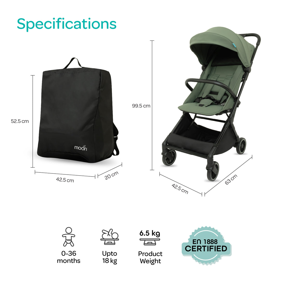 MOON Alora Lightweight Baby Stroller- Ultra Compact Cabin-Size Fold & UPF Canopy | 0-3 Years, Sage Green — The Moon Brand product image