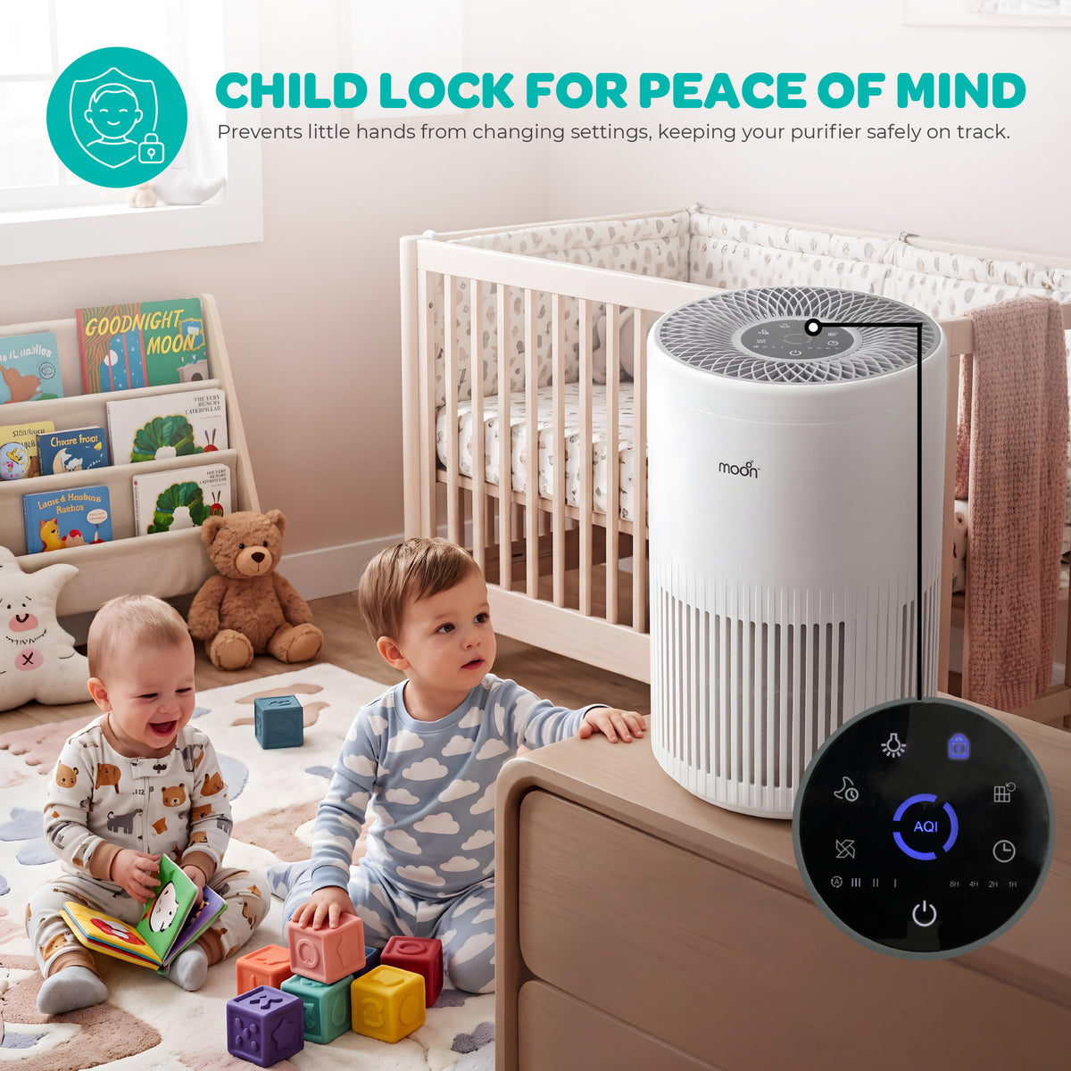 MOON Oxipure Baby Nursery Air Purifier, HEPA, Child Lock, 5–10 m² - White