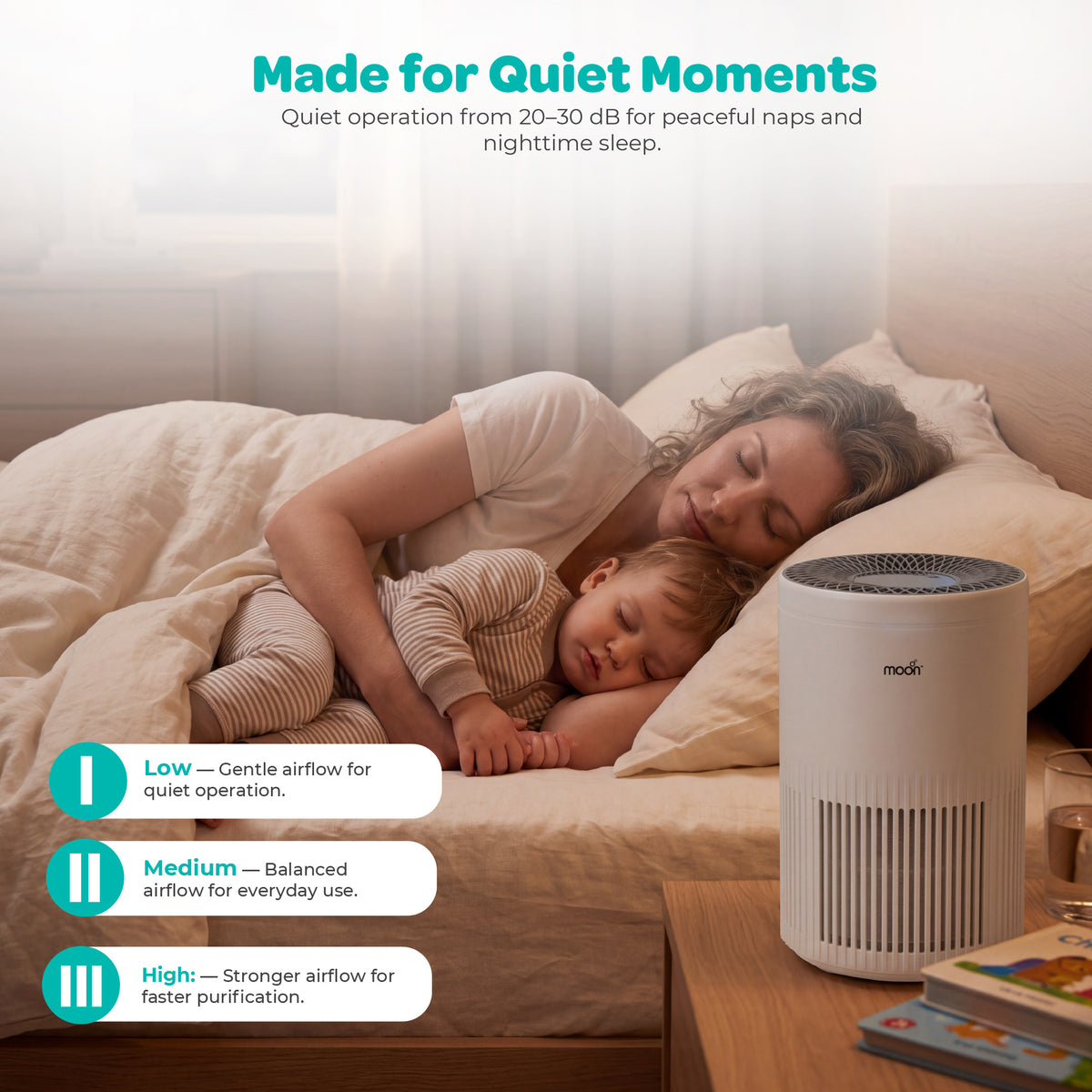 MOON Oxipure Baby Nursery Air Purifier, HEPA, Child Lock, 5–10 m² - White