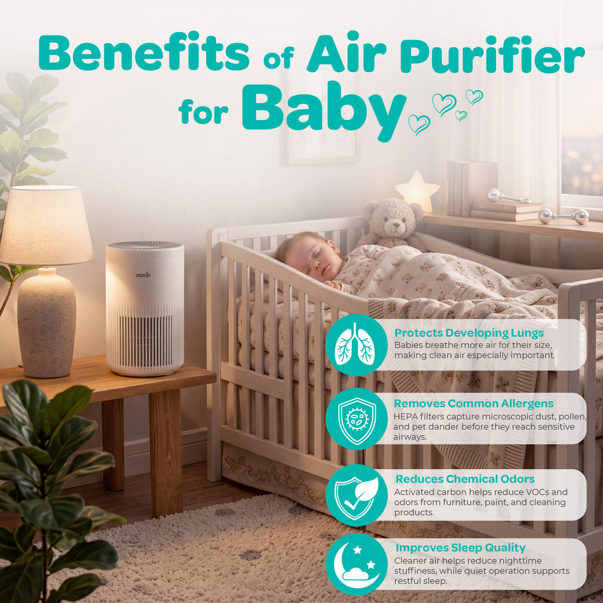 MOON Oxipure Baby Nursery Air Purifier, HEPA, Child Lock, 5–10 m² - White