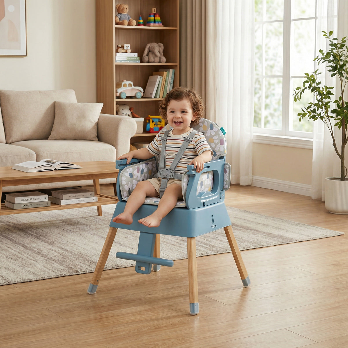 The Moon Brand 5-in-1 Convertible -Highchair-Booster-Dining Chai-: Stylish, Space-Saving, and Safe Dining Solution for Babies and Kids-6m to 3yrs upto 15kgs - Beige