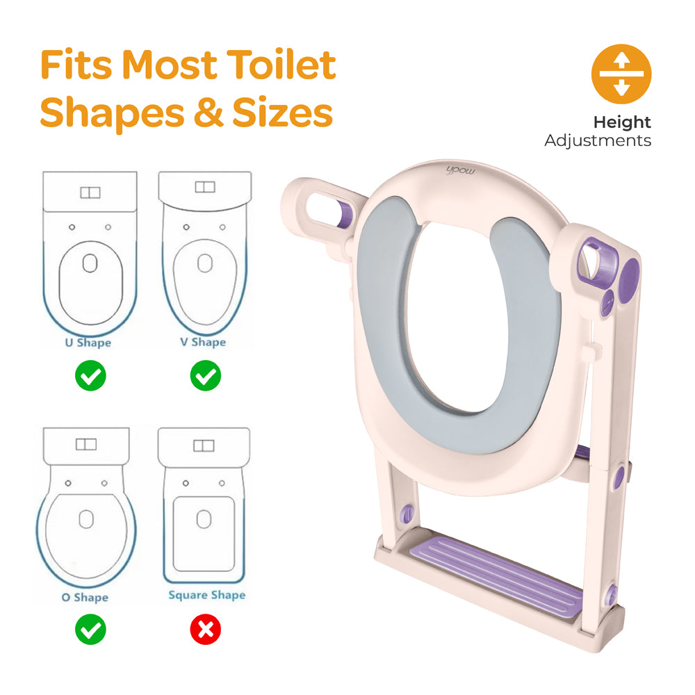 MOON Kids Step Stool Potty Trainer Seat (Pink and Purple) / MOON Disposable Toilet Seat Cover (Dino, 66 x 63 cm)