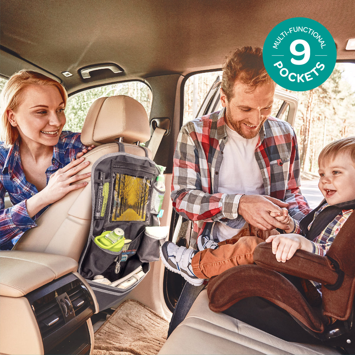 MOON Rover Baby Infant Car Seat (0-12 Years, Group 0/,1,2,3, 360° Rotate, Blue) / Deluxe Back Seat Baby Side Mirror / Baby Back Seat Organizer (Black Prismatic) - The Moon Brand™