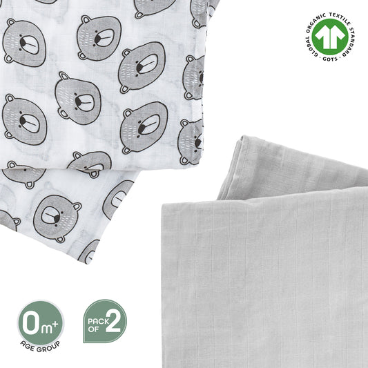 MOON Organic Muslin Wrap/ Swaddle. Pack of 2. Bear Print & Grey. 