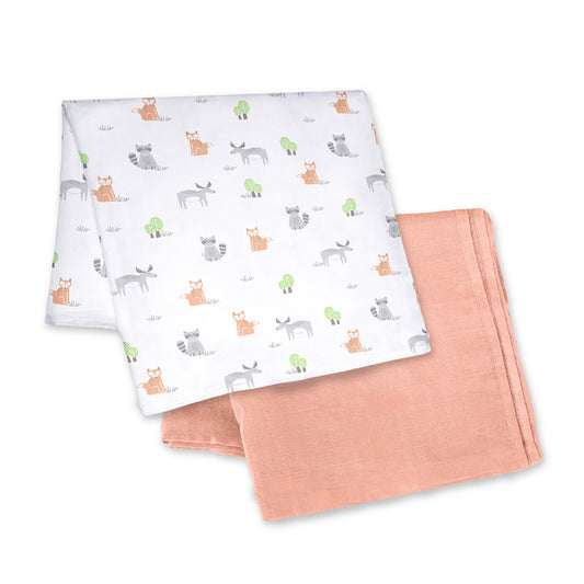MOON Bamboo Muslin Wrap/ Swaddle-Forest Print & peach.