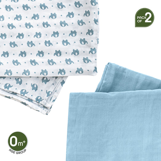MOON Bamboo Muslin Wrap/ Swaddle-Elephant Print & Blue.