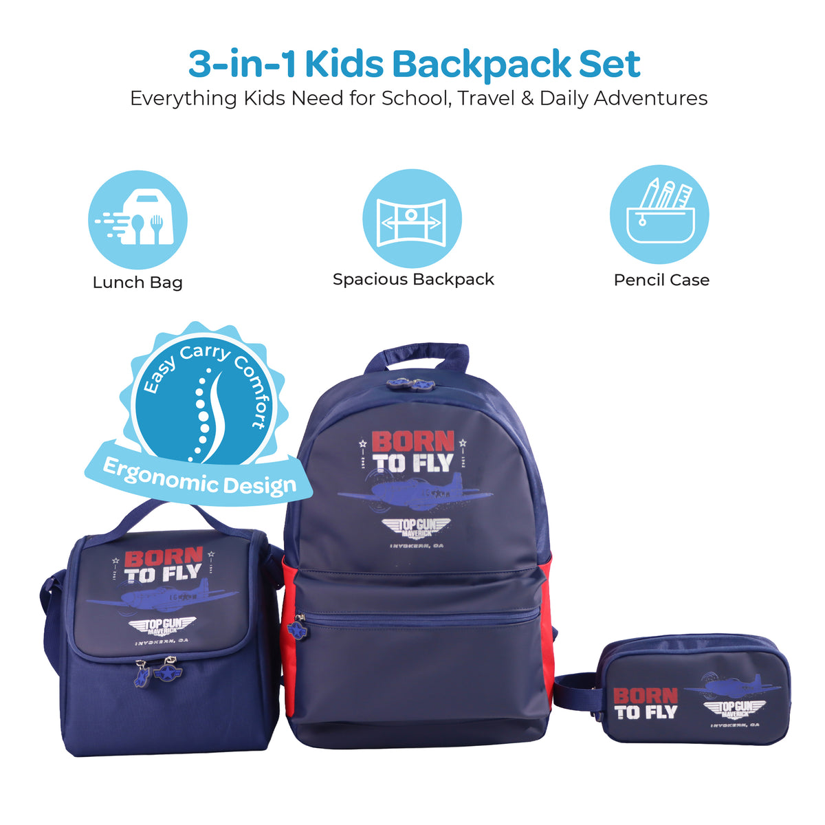 MOON Licensed Top Gun 3-in-1 Kids School Backpack Set