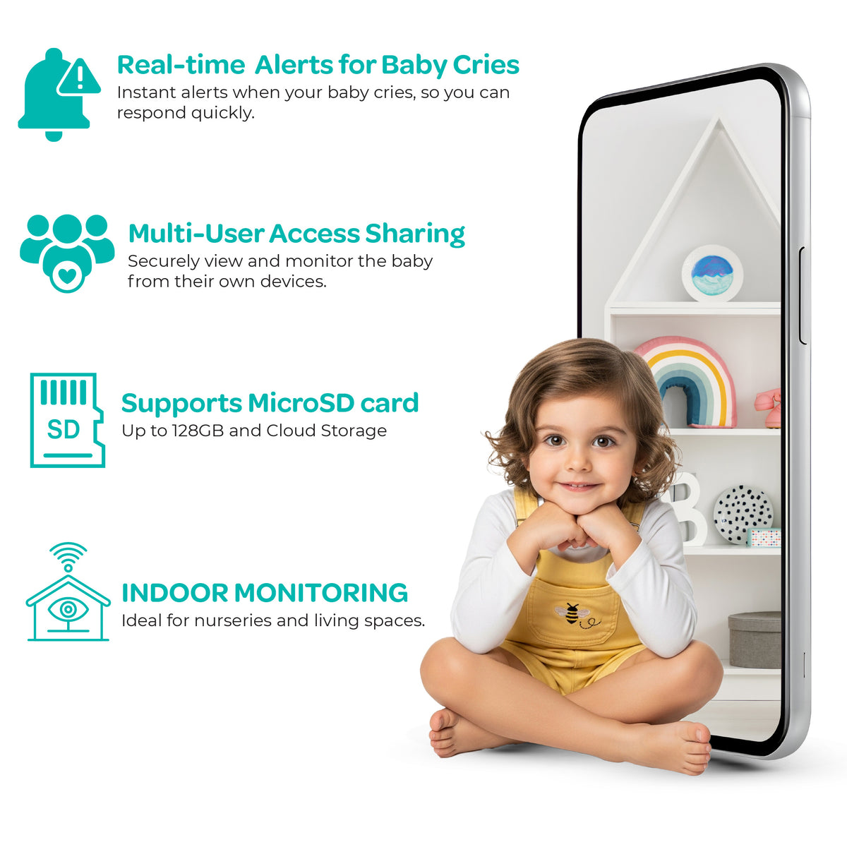 Moon Smart Baby Monitor M2 - 2K HD WiFi Camera with Night Vision,Two-Way Audio-White