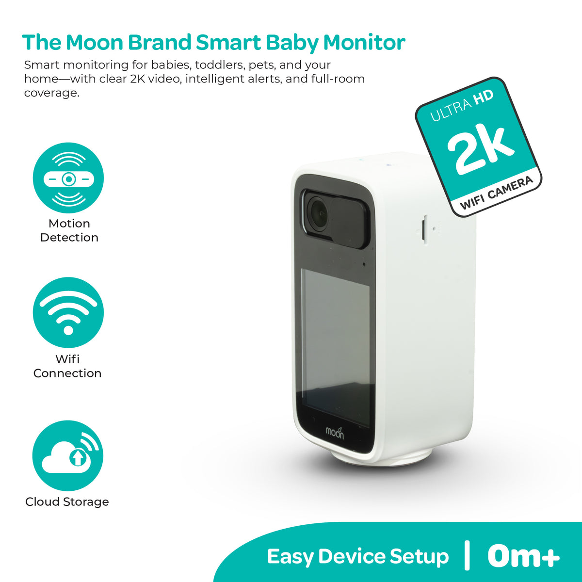 Moon Smart Baby Monitor with Camera and Audio, Color Night Vision, 2-Way Talk, Privacy Mode, Mount Stand Included-White