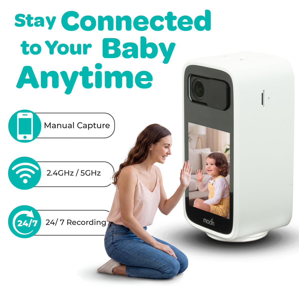 Moon Smart Baby Monitor with Camera and Audio, Color Night Vision, 2-Way Talk, Privacy Mode, Mount Stand Included-White