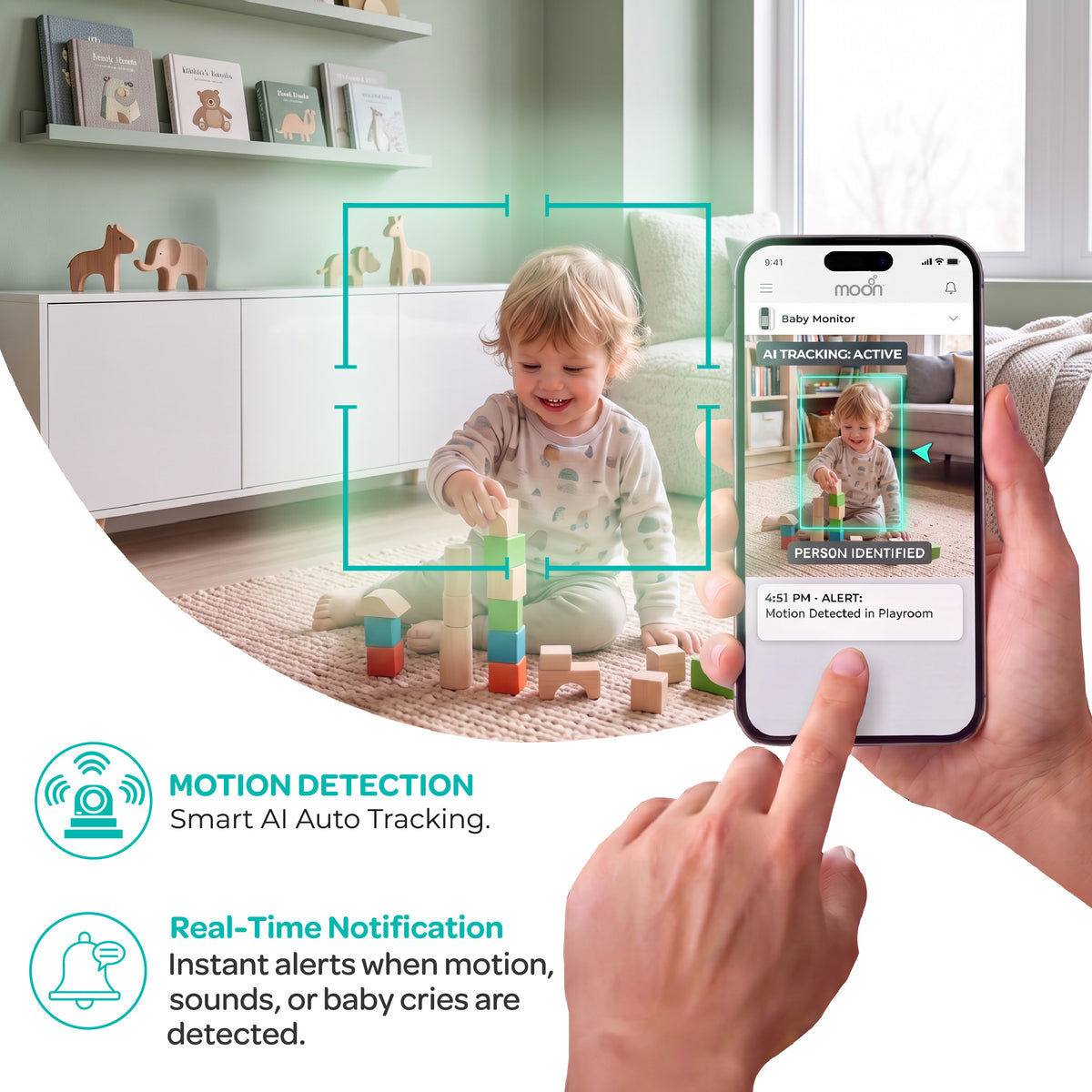 Moon Smart Baby Monitor with Camera and Audio, Color Night Vision, 2-Way Talk, Privacy Mode, Mount Stand Included-White