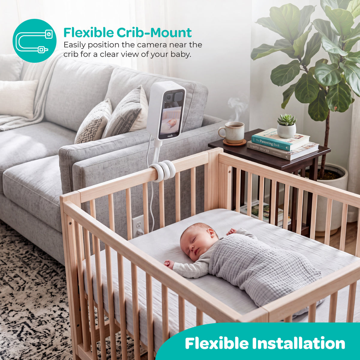 Moon Smart Baby Monitor with Camera and Audio, Color Night Vision, 2-Way Talk, Privacy Mode, Mount Stand Included-White