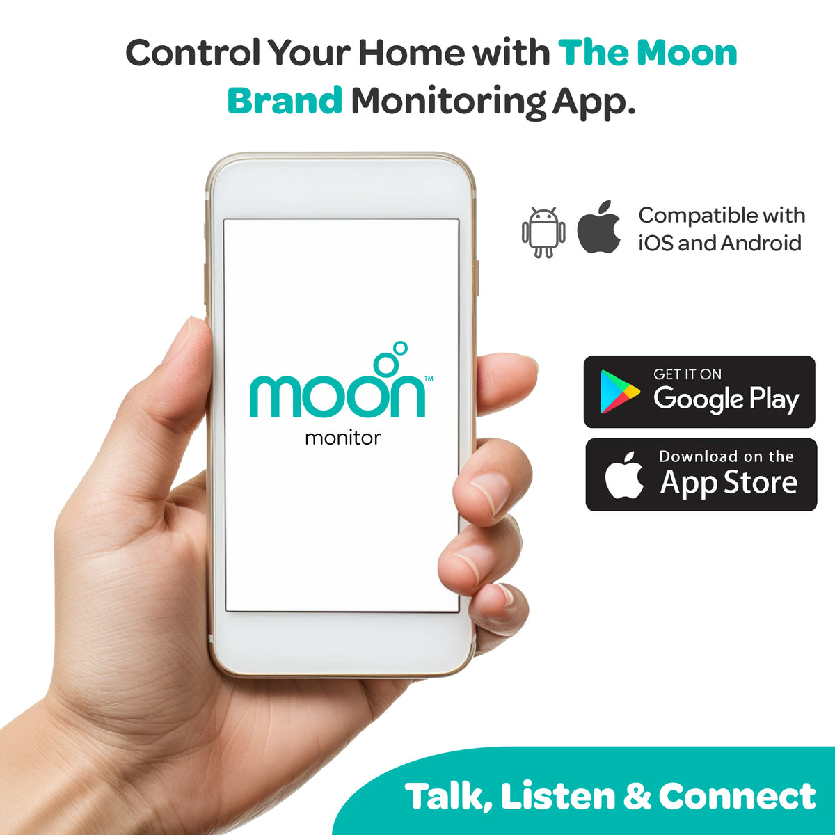 Moon Smart Baby Monitor with Camera and Audio, Color Night Vision, 2-Way Talk, Privacy Mode, Mount Stand Included-White