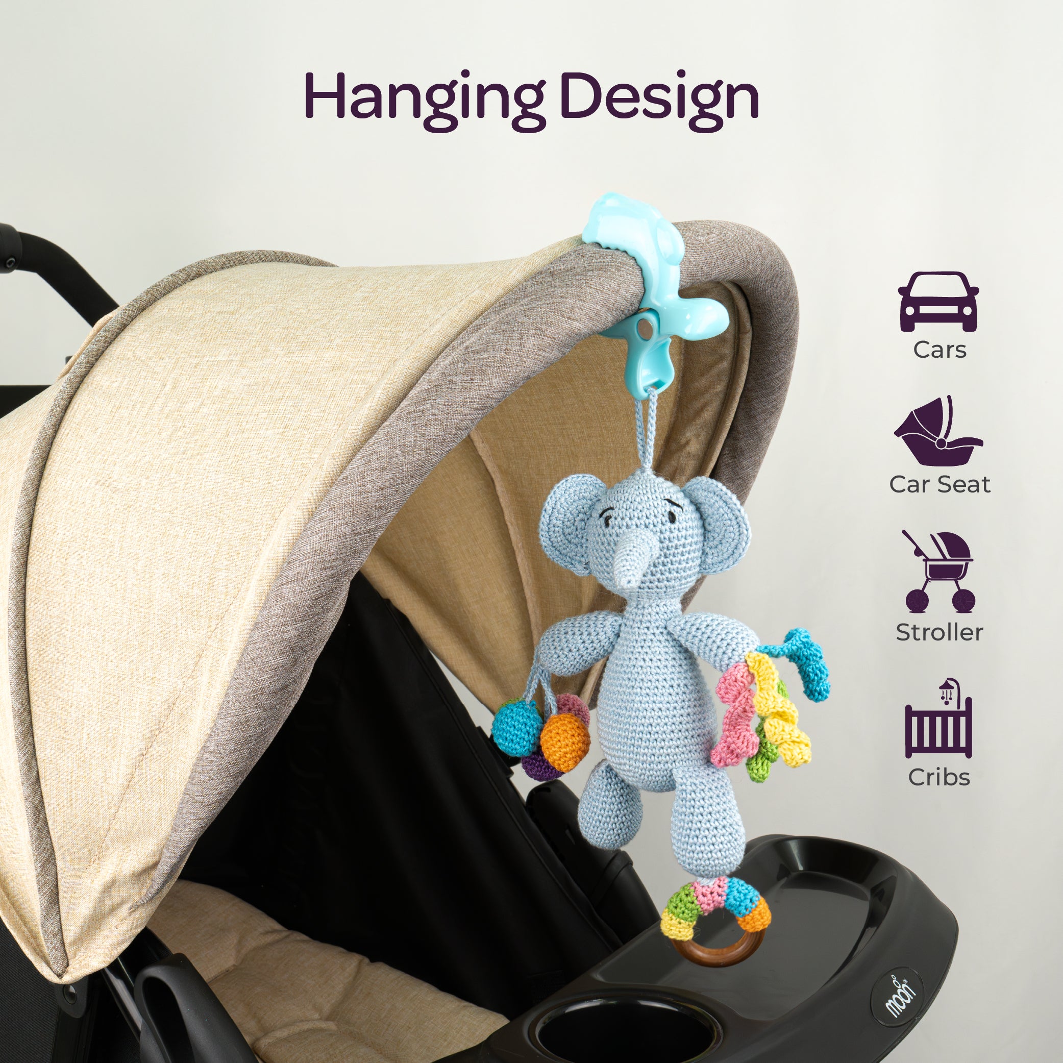 MOON Handcrafted Crochet  Toy with  Ring & Clip Hanger-Elephant