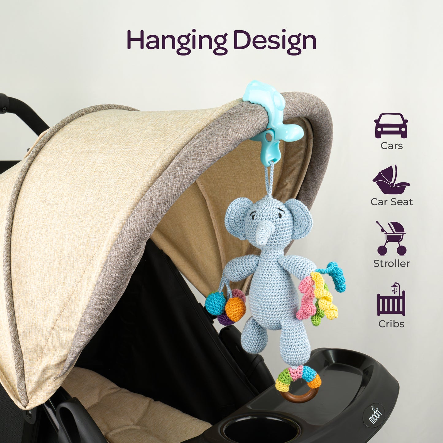 MOON Handcrafted Crochet  Toy with  Ring & Clip Hanger-Elephant