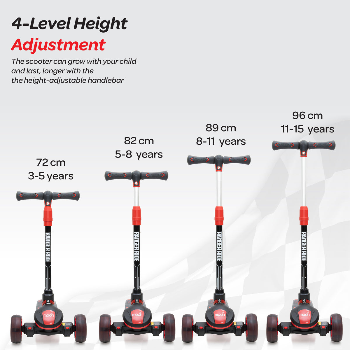 The Moon Brand Ranger Ride Skate Kids scooter with LED Wheels-Red