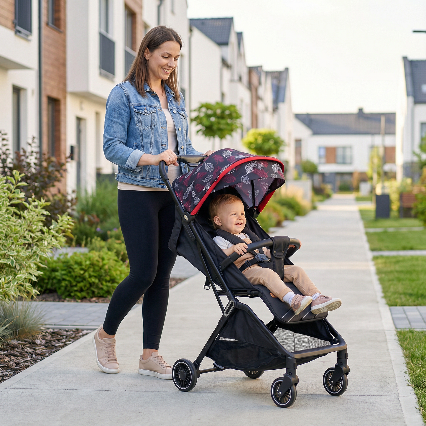 عربة أطفال MOON Pronto قابلة للطي تلقائيًا - نقشة أوراق الشجر